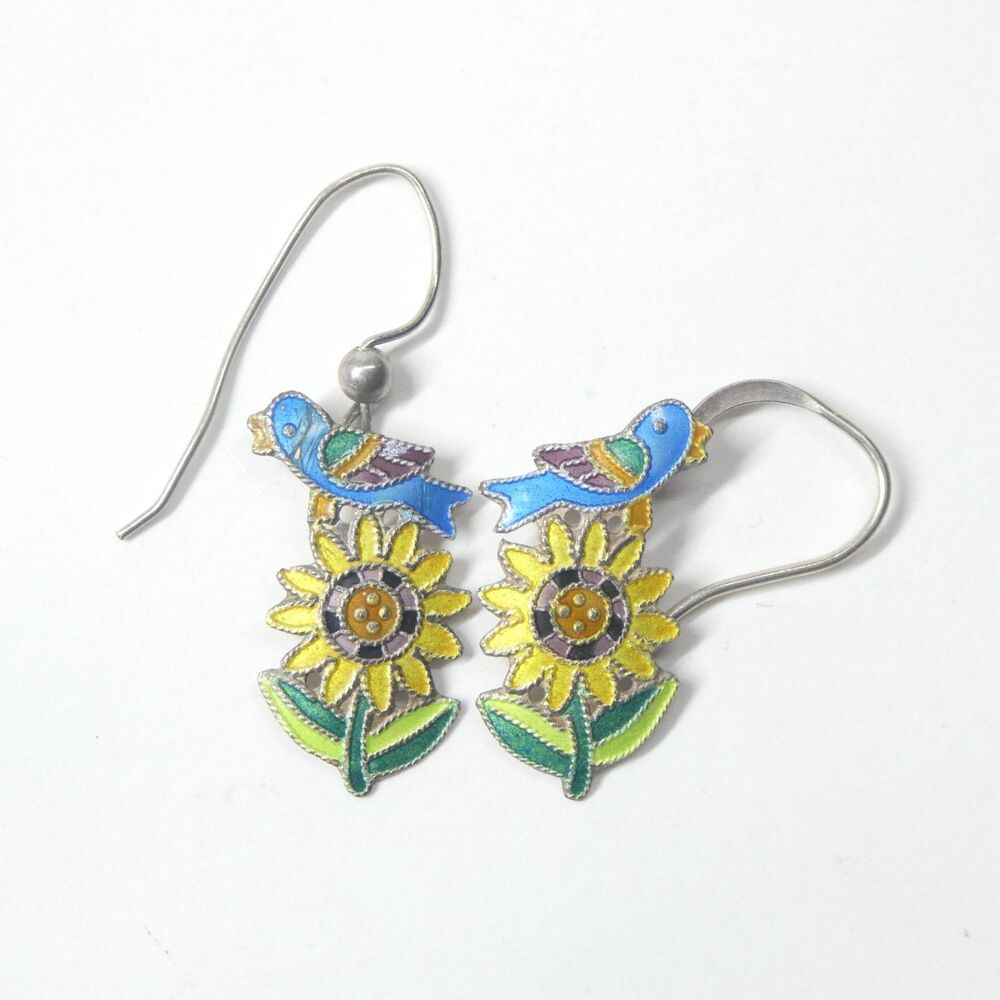 Blue Bird on Sunflower Enamel Dangle Earrings